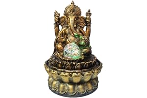 11.8" Indoor Ganesha Resin Buddha Fountain – Multicolor LED Waterfall with 10 Crystals for Energy & Protection, Tabletop Zen 