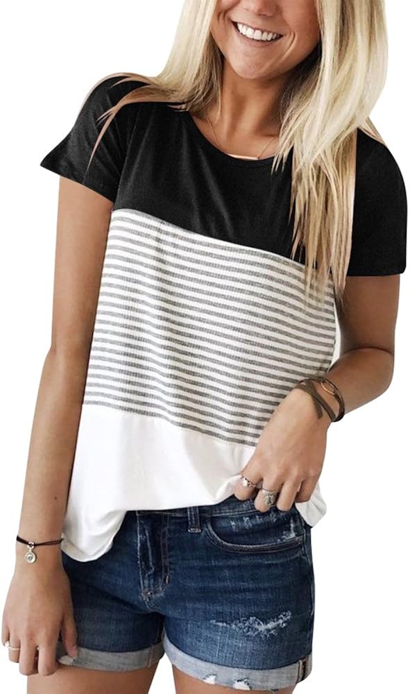 YunJey Round Neck Triple Color Block Stripe T-Shirt at  Women’s Clothing store