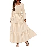 HOSIKA Girls Fall Long Sleeve Swiss Dot Smocked A-Line Ruffle Tiered Flowy Maxi Dress with Pockets 6-12 Years