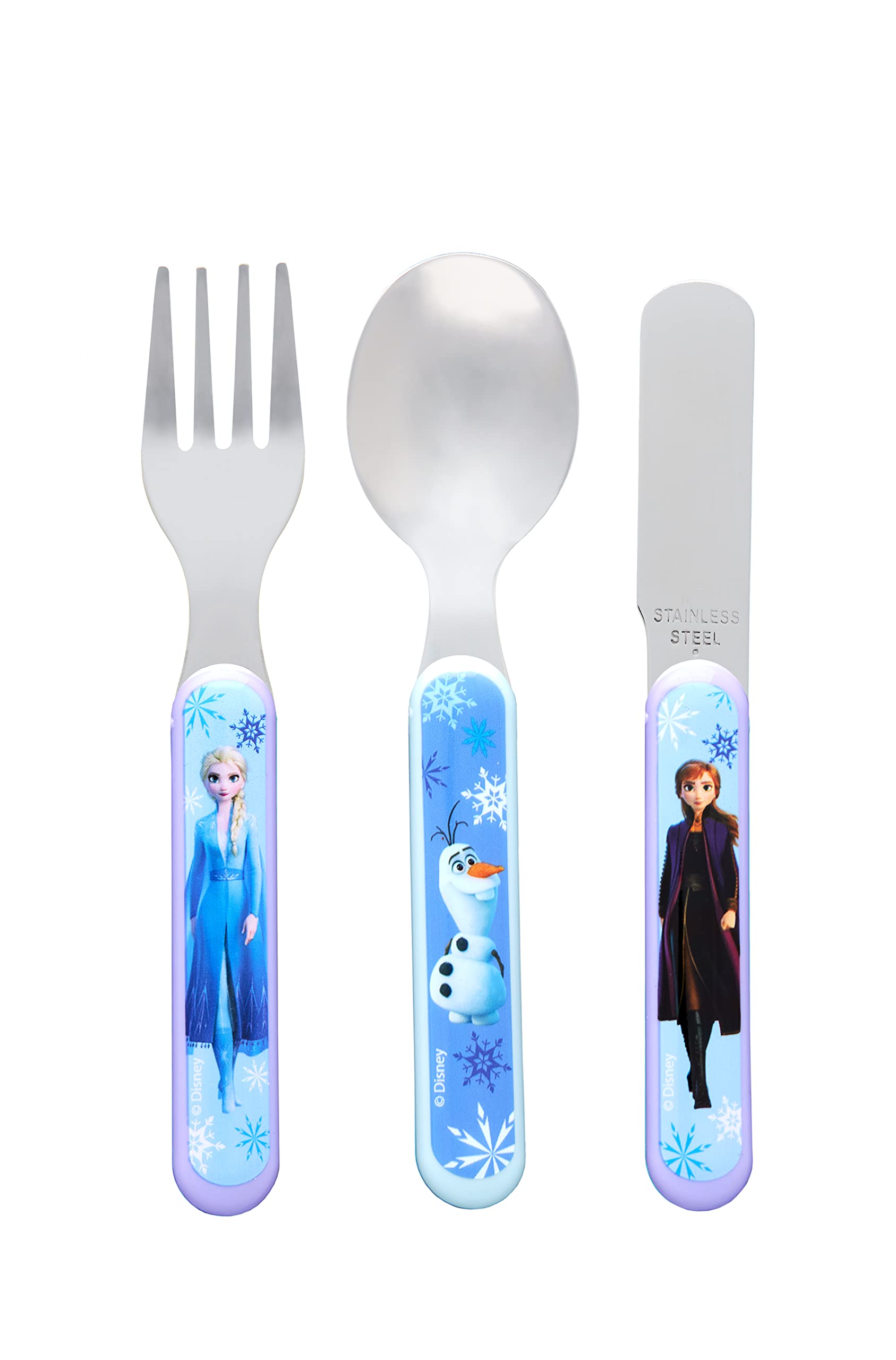 Disney Frozen II 3 Piece Cutlery Set - Metal, Reusable Children's Knife, Fork & Spoon, Kids-Size, Made from Food-Safe Stainless Steel & ABS Plastic - with Elsa, Anna & Olaf - for 36 Months & Up