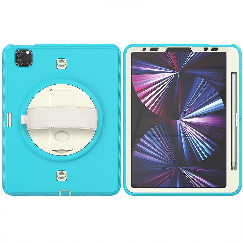 Case for iPad Pro (2018/2020/2021) 11" and Air4/5 (2020/2021) 10.9" Impact-Resistant TPU Case with Pen Slot and Shoulder Strap, Off White + Blue