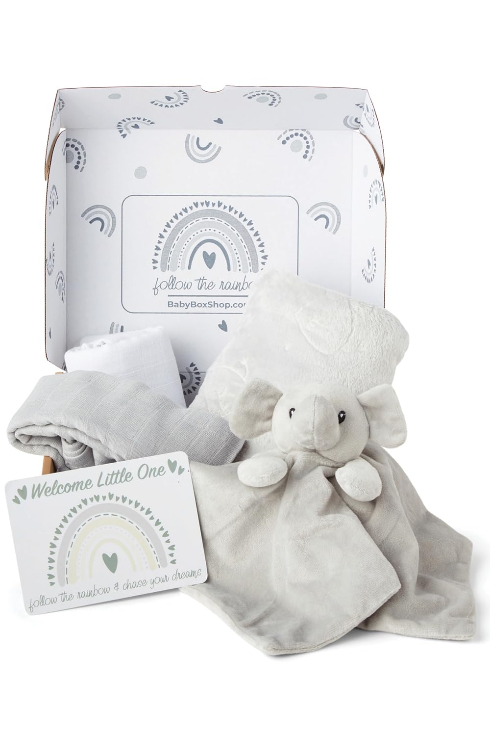 Baby Box Shop - 5 Newborn Essentials Ideal as and Christening Baby Gifts Unisex, Includes a Grey Elephant Baby Comforter, Flannel Wrap, 2x Muslin Cloths & Gift Message Card