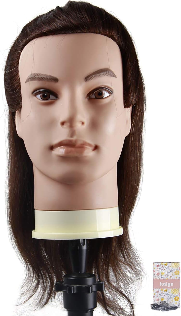 Cosmetology Male Mannequin Head with 100% Human Hair for Barber Shops Styling Cutting Practicing E50 Brown Natural Hair by Kalyx(w/o Beard)