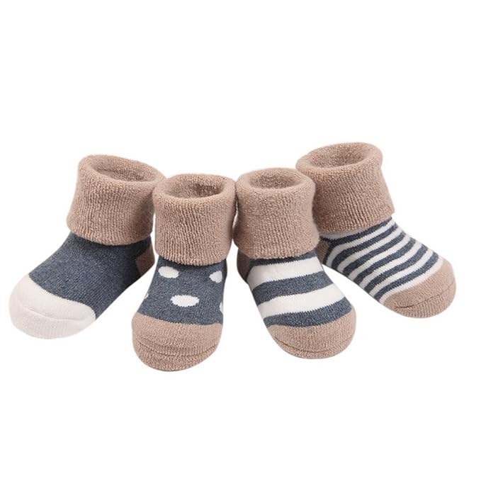 Feoya- 0-36 Monate Babysocken Dick Warm Babysöckchen Herbst Winter Kindersocken Rutschfest 4 Paar Socken Set mit verschiedene