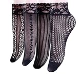 4 Pairs Women's Lace Fishnet Sheer Ankle Dress Socks - Stylish Black