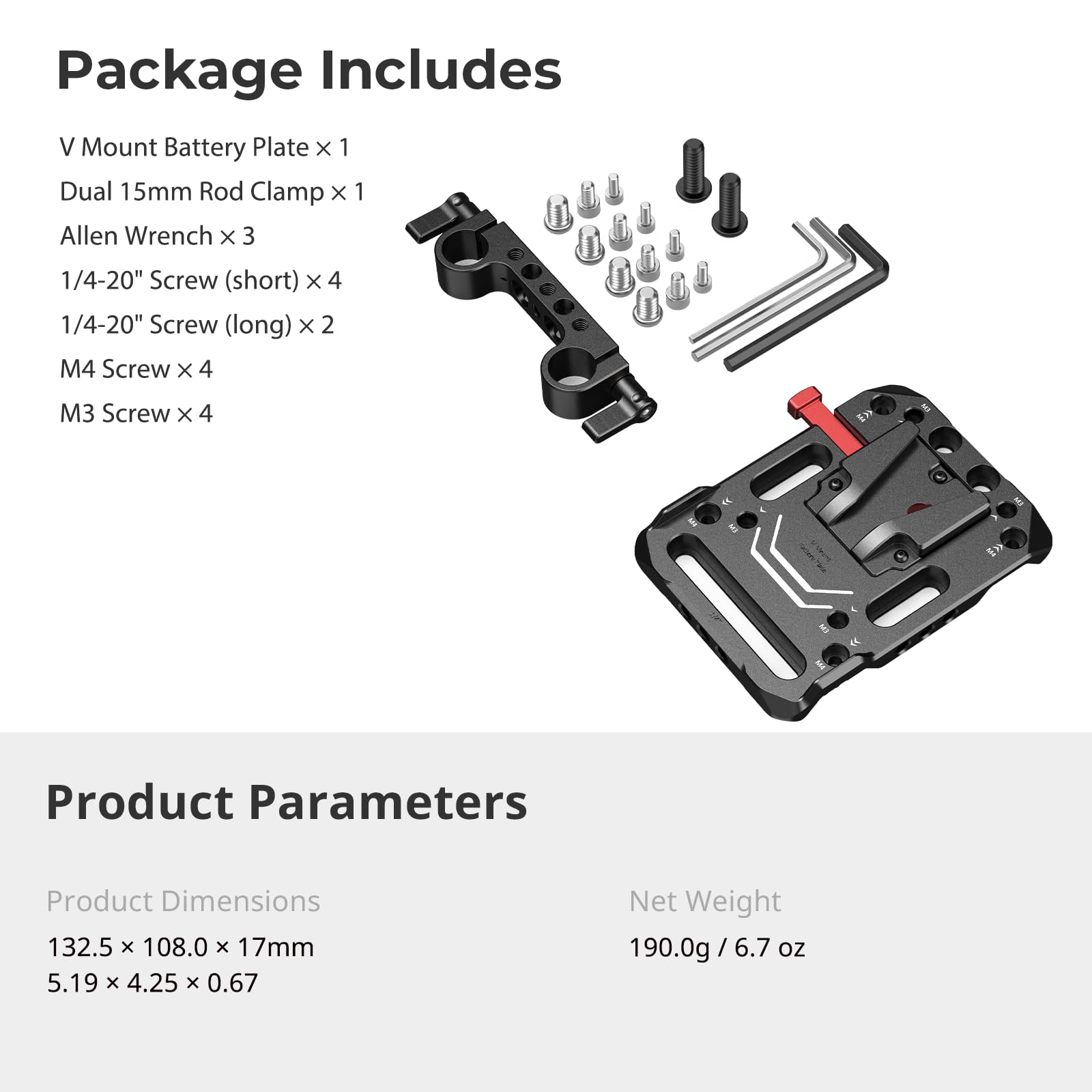 SMALLRIG V Mount Battery Plate, V-Lock Battery Plate with Dual 15mm Rod Clamp, 1/4