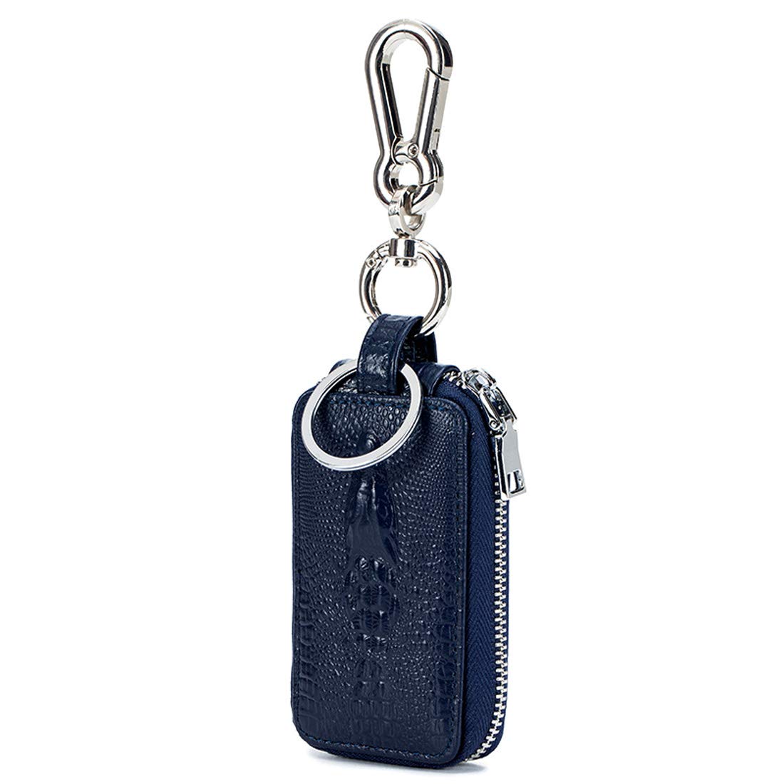Aileder Car Key Case Genuine Leather Car Smart Key Chain Keychain Holder Metal Hook and Keyring Zipper Bag for Remote Key Fob (Navy Blue)