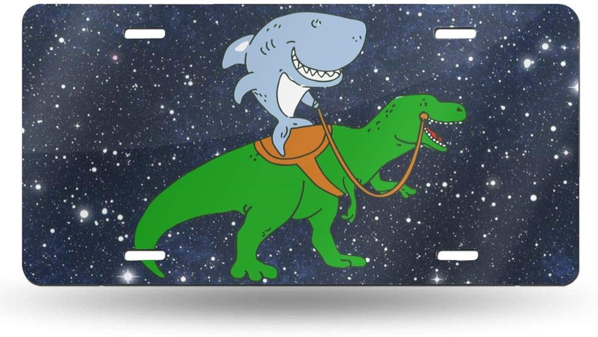 Yaoqin88 Great White Shark Riding A T Rex Car Tag Decorative Front Plate 6 X 12 Aluminum Metal,Novelty License Plate Car Vehicle License Plate Souvenir