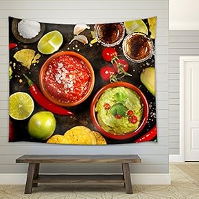 Mexican Food Concept: Tortilla Chips, Guacamole, Salsa, Tequila Shots and Fresh Ingredients - Fabric Wall Tapestry Home Decor - 51x60 inches