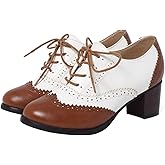 SHEMEE Women's Retro Wingtip Block Heel Lace Up Oxfords Stacked Chunky High Heels Pumps Vintage Round Toe Brogues Dress Shoes