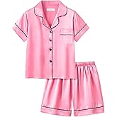 UNICABBIT21 Satin Summer Pajamas for Big Girls Unisex Kids Silk Button Down Short Sleeve & Shorts PJS Size 8-16