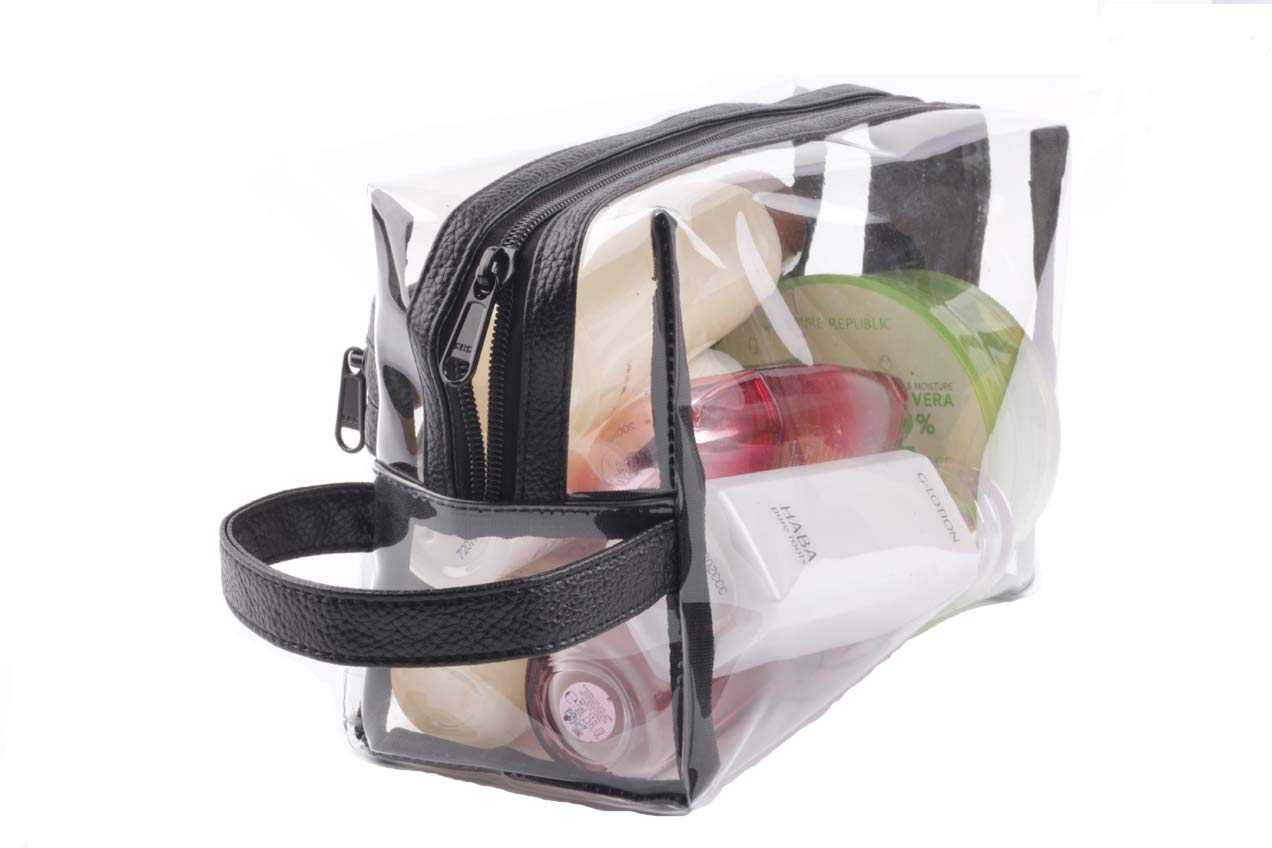 Heavy Duty Clear Travel Toiletry Makeup Bags Transparent Shaving Bag Water Resistant Cosmetic Bag Organizer Pouch with Zipper and Handle (Black)