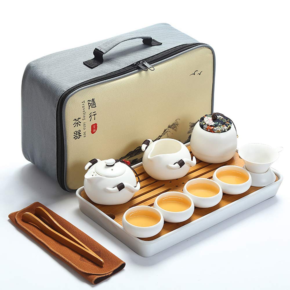 Fanquare Portable Travel Tea Set, Handmade Kungfu Teapot, Porcelain Teacups, Bamboo Tea Tray with Travel Bag, White