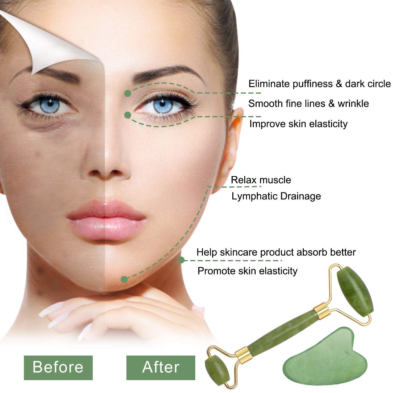 Jade Roller & Gua Sha Scraper for Face Massage - 3 in 1 Facial Jade Stone Set for Anti-aging, Slimming & Firming - 100% Real Natural Face Eye Neck Roller - Anti Wrinkle Facial Skin Massager