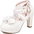 FOREADA Kawii Shoes Bow Pearl Heels Lolita Platform Heels for Women Lace Cute Mary Janes Pumps