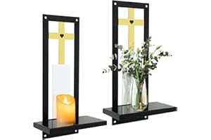 THRIVINEST Black Metal Wall Art Decor Set of 2, Silver Mirrored Gold Cross Style, Wall Candle Sconces Holder for Farmhouse, Living Room, Bathroom (15 x 7.5 in)