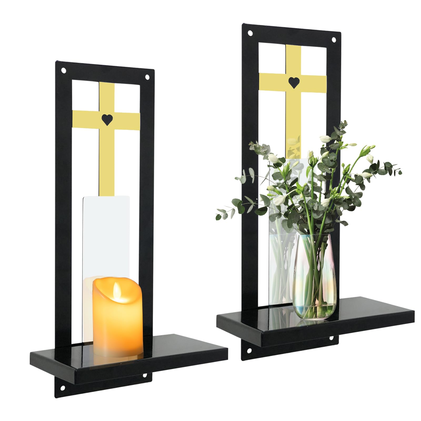 Black Metal Wall Art Decor Set of 2, Silver Mirrored Gold Cross Style, Wall Candle Sconces Holder for Farmhouse, Living Room, Bathroom (15 x 7.5 in)