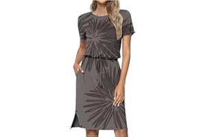 PBNBP Women's Summer Blouson Dresses with Pockets Work Casual Short Sleeve Split Hem Sundresses Hide Belly T Shirt Dress