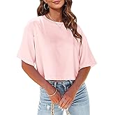 Tankaneo Women Half Sleeve Cropped T-Shirts Drop Shoulder Round Neck Crop Tops Casual Summer Solid Color Basic Tees