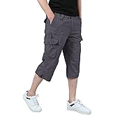 iMackky Men's 3/4 Cargo Shorts Elastic Below Knee Capri Long Shorts Casual Loose Fit with 7 Pockets