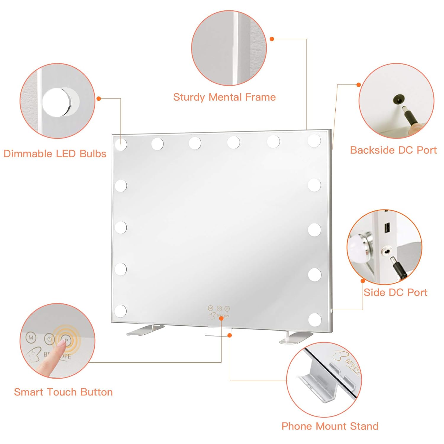 BESTOPE Vanity Mirror with Lights Hollywood Mirror Large Lighted Vanity Mirror with 3 Color Lights, USB A and USB C Outlet with Phone Holder, 24x20 Inch, Touch Control, Sturdy Metal Frame Design : Beauty