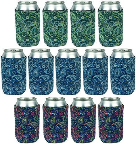 Neoprene Can Sleeves - Pack of 13 Paisley Can Cooler Covers Fit 12 oz Cans and 12 to 16 oz Glass & Aluminum Bottles. Premium Neoprene & Stitching by Impirilux (13, Paisley)