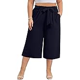 Lastshe Women's Plus Size Capri Pants Wide Leg High Waisted Summer Capris Loose Adjustable Cropped Palazzo Trousers