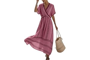 Women's Summer Boho Striped Print Midi Dress Short Sleeve Deep V Neck Criss Cross Empire Waist Flowy Beach Dress