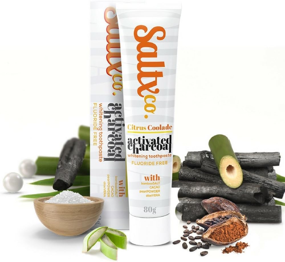 Activated Charcoal Teeth Whitening Toothpaste by SaltxCo - Premium Natural Ingredients | Cacao Extract | Bamboo Salt | Pearl Powder | Stevia | Removes Stains - Fluoride Free | (80g)