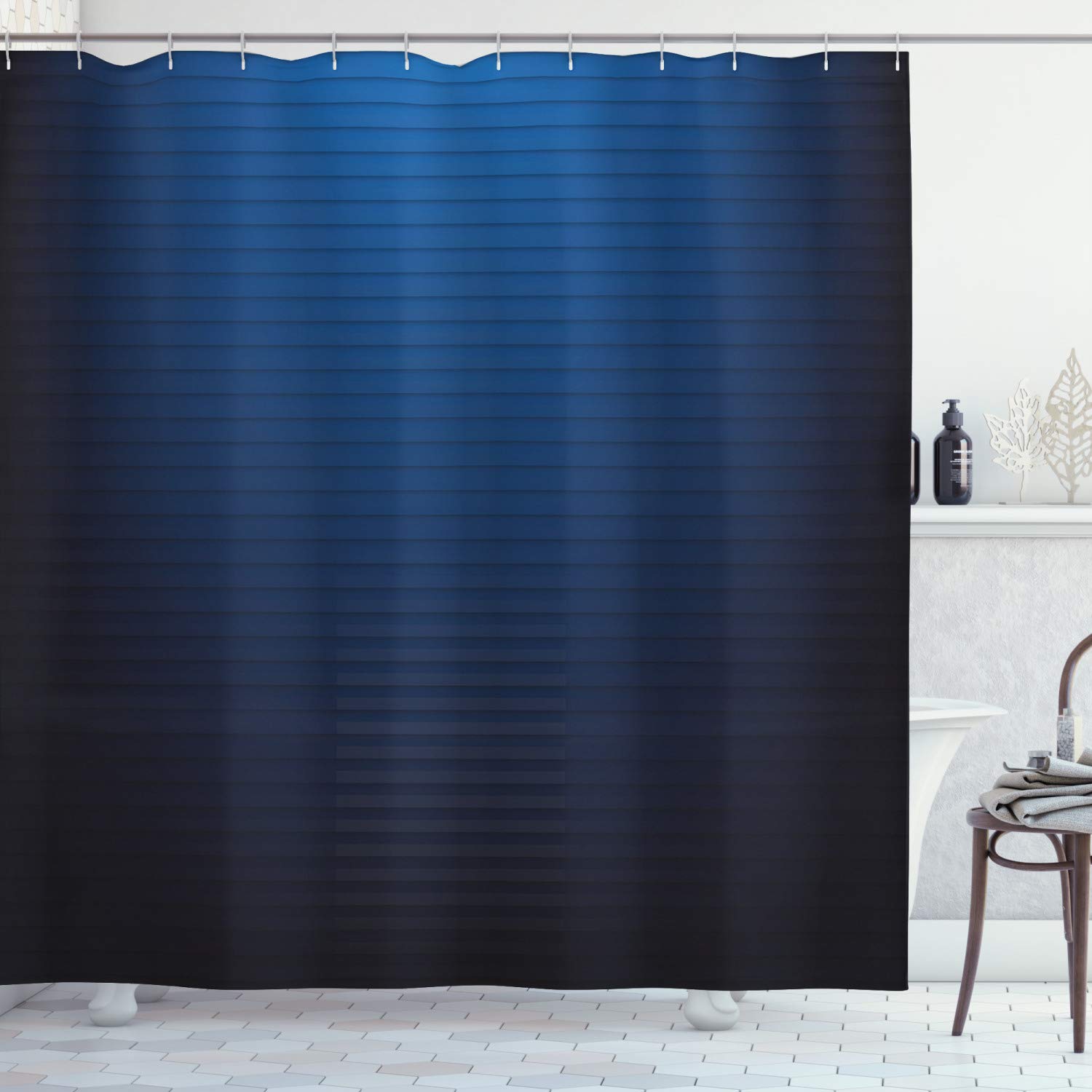 ABAKUHAUS Navy Shower Curtain, Digital Horizontal Lines Ombre Effects Modern Urban Style Art Illustration, Cloth Fabric Bathroom Decor Set with Hooks, 86 Inches Extra Long, Dark Blue