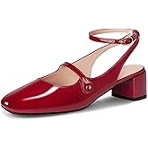 LOOPCHARM Womens Mary Jane Chunky Low Heels Closed Ankle Strap Square Toe Pumps Wedding Dress Party Shoes,Red Pu,9