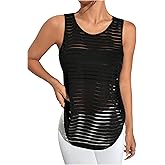 OYOANGLE Women's Striped Sheer Sports Tank Top Sleeveless Athletic Shirts Active Gym Tops Activewear