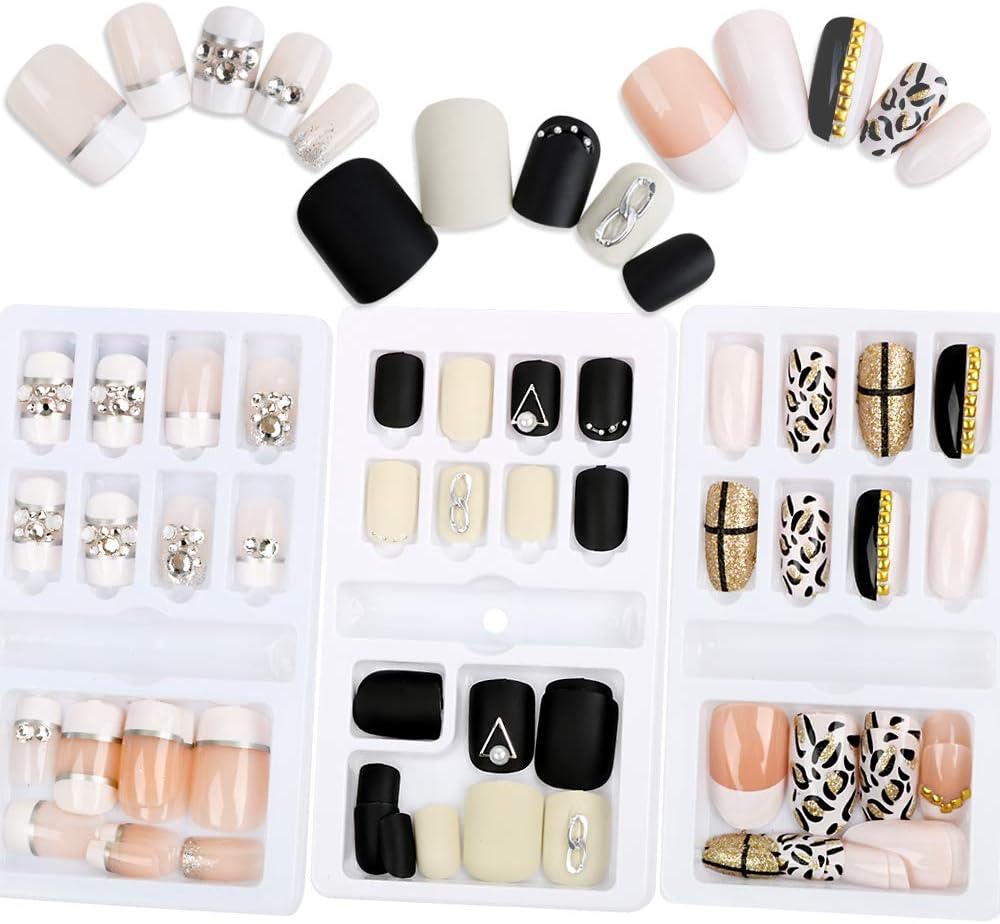 VINFUTUR 3 Boxes 72Pcs Press on Finished False Nail Kits Artificial
