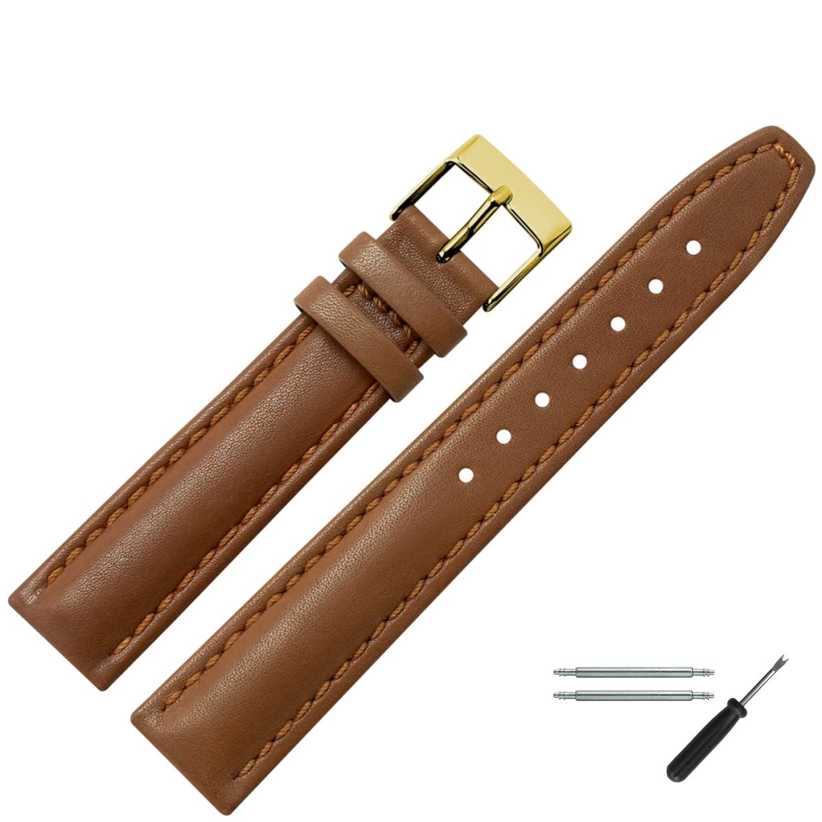 MARBURGER Watch Strap 18 mm Leather Tool Assembly Set 28918, brown/gold, Strap.