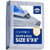 RAINDEWAY Small Tarps Waterproof 6x8Ft 5.5 Mil Multipurpose Poly Tarp Cover | UV Resistant,Finished Size,Grommets Every 36in,Reinforced Edges,Indoor and Outdoor Use,Silver/Blue