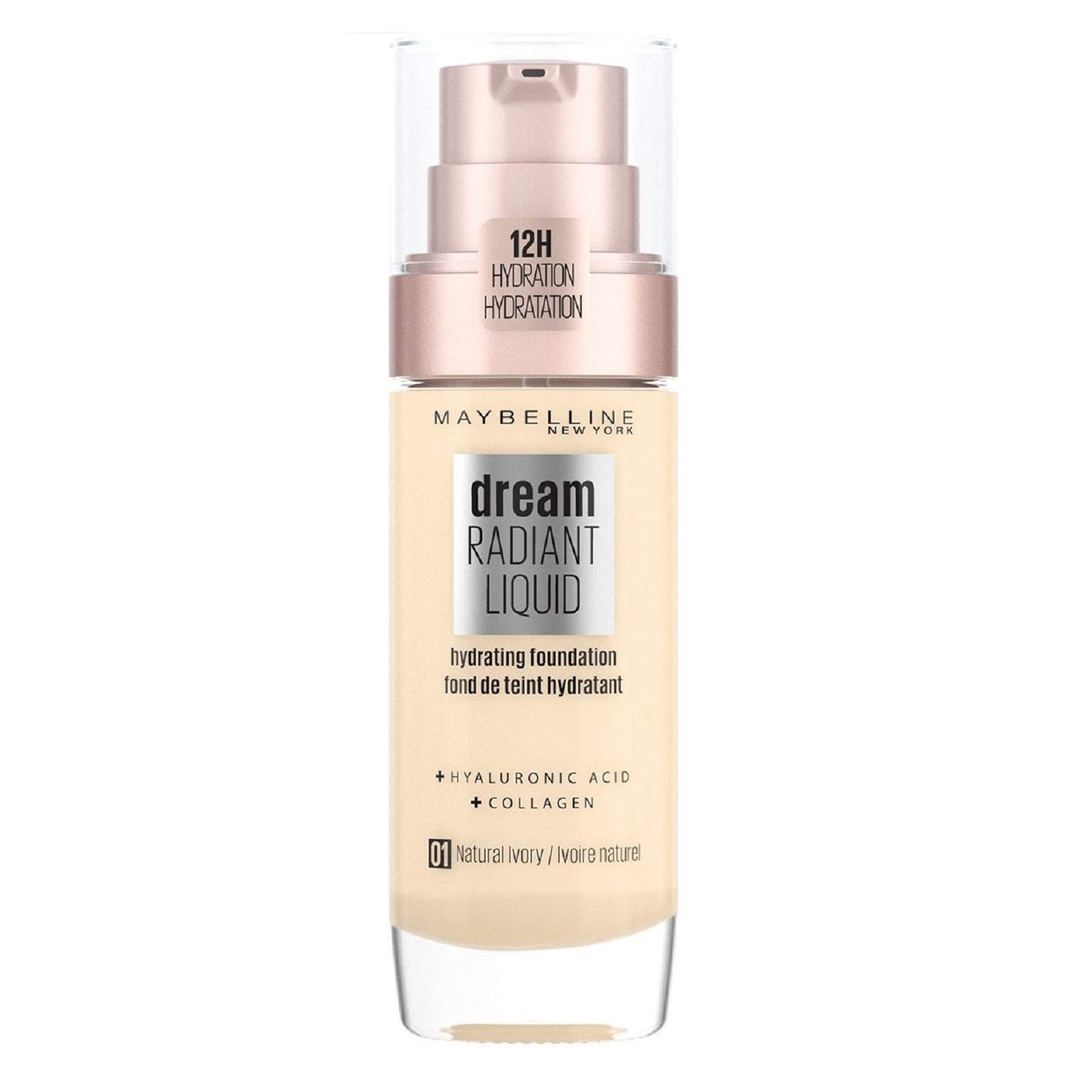 Maybelline Foundation, Dream Radiant Liquid Hydrating Foundation with Hyaluronic Acid and Collagen, Lightweight, Medium Coverage Up to 12 Hour Hydration, 01 Natural Ivory, 30 ml (Pack of 1)