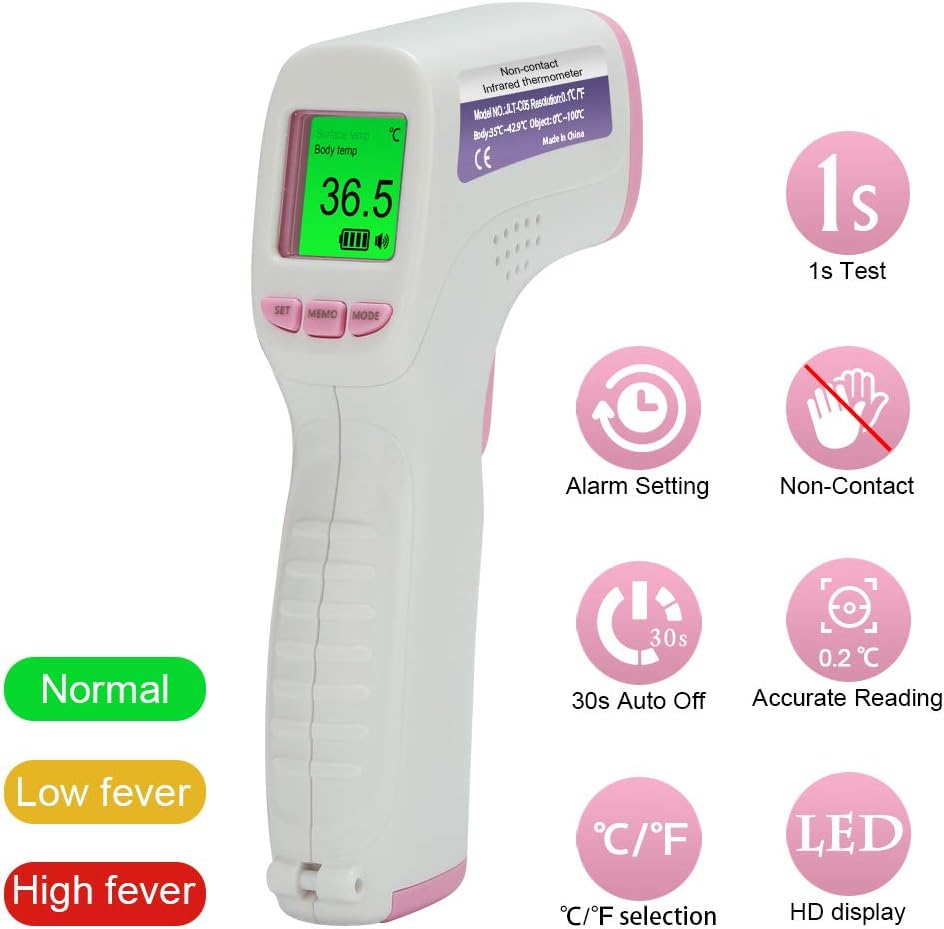 IR Forhead Thermometer, Padgene No Contact Digital Infrared Body Thermometer Accurate Instant Readings LCD Screen Temperature Gun with Fever Alarm, 32 Group Data Memory for Baby and Adults(White Pink)