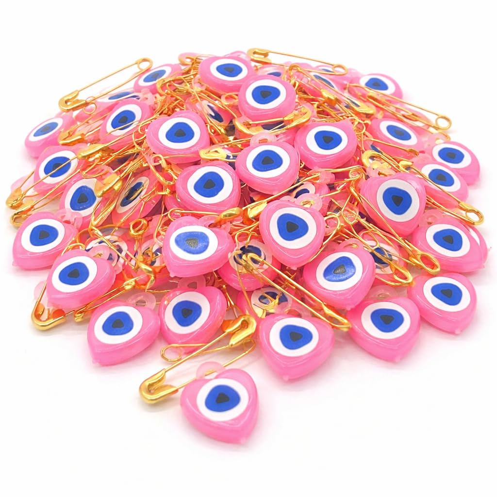 Perlin Pink Evil Eye Charm Heart Turkish Blue Eye Nazar Boncuk Pack of 100 with Safety Pin