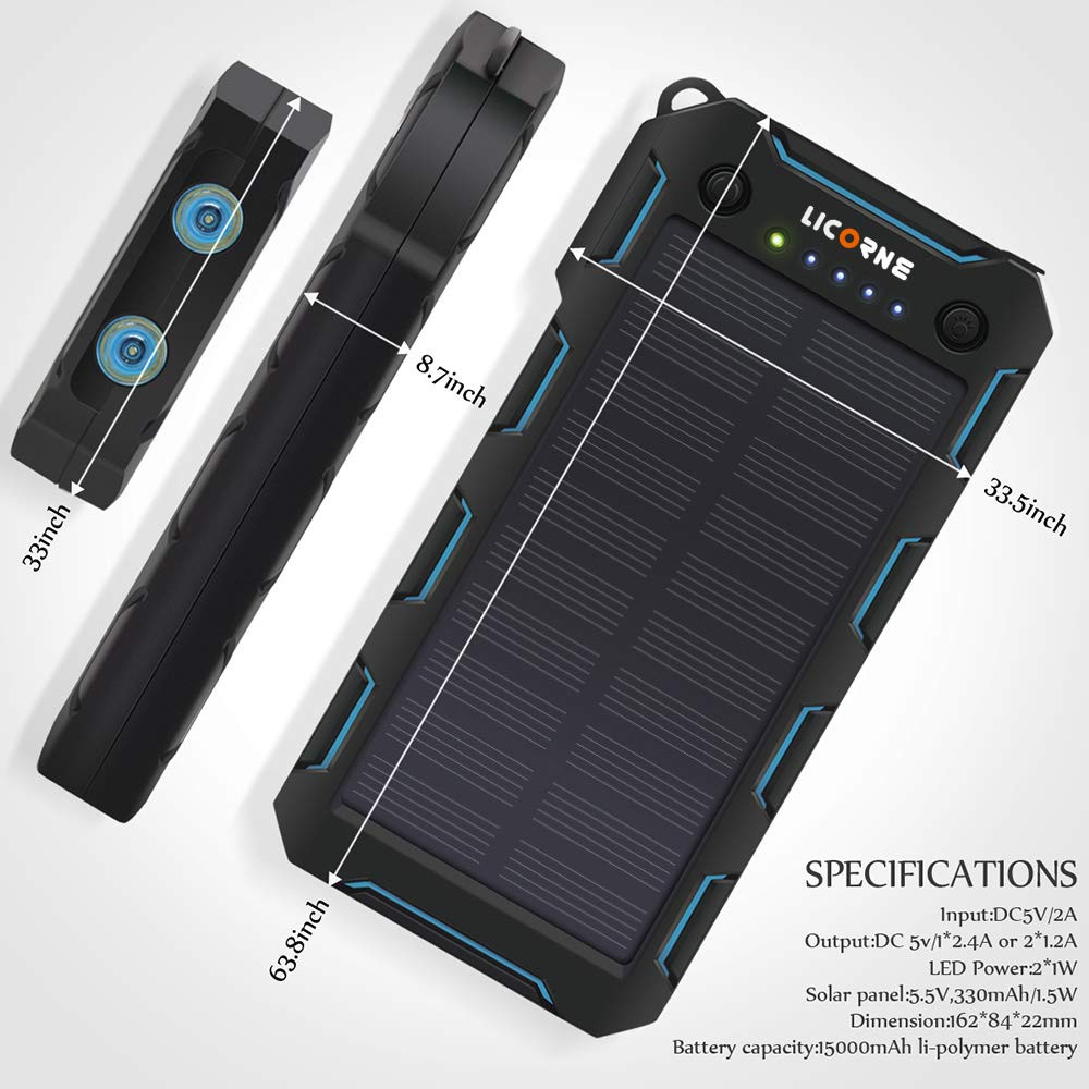 Solar Chargers,15000mAh Portable Solar Power Bank High Efficiency Sunpower Cellphone Chargers Rain-resistant Dirt/Shockproof Backup with Dual USB Port Solar Battery Charger for iPhone 7 / 6s / Plus, iPad Pro / Air 2 / mini, Galaxy S7 / S6 /
