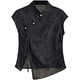 Women's Retro Chinese Style Cheongsam Top Summer Black Jacquard Short Sleeve Button Blouse T-Shirt