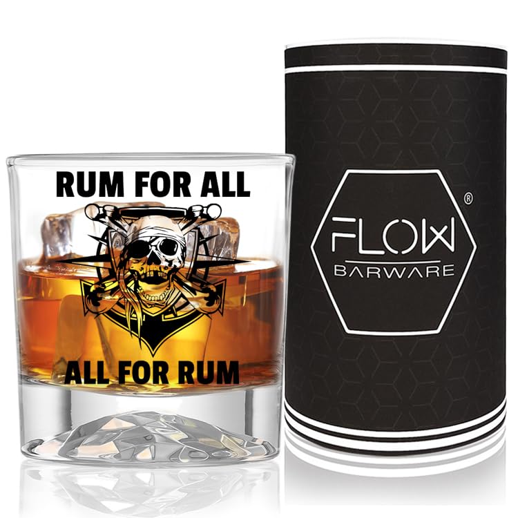 FLOW Barware Rum Glass | Skull Pirate Glass Tumbler | Rum Gift Set for Men with Unique Mountain Base Tumbler & Gift Tube