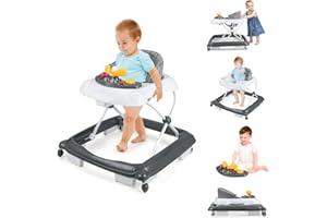 BABY JOY Baby Walker, 4 in 1 Foldable Activity Walker with Adjustable Height, Music, Lights, Anti-Rollover Toddler Push Walker, Baby Walker with Wheels for Boys Girls 7-14 Months (Gray)