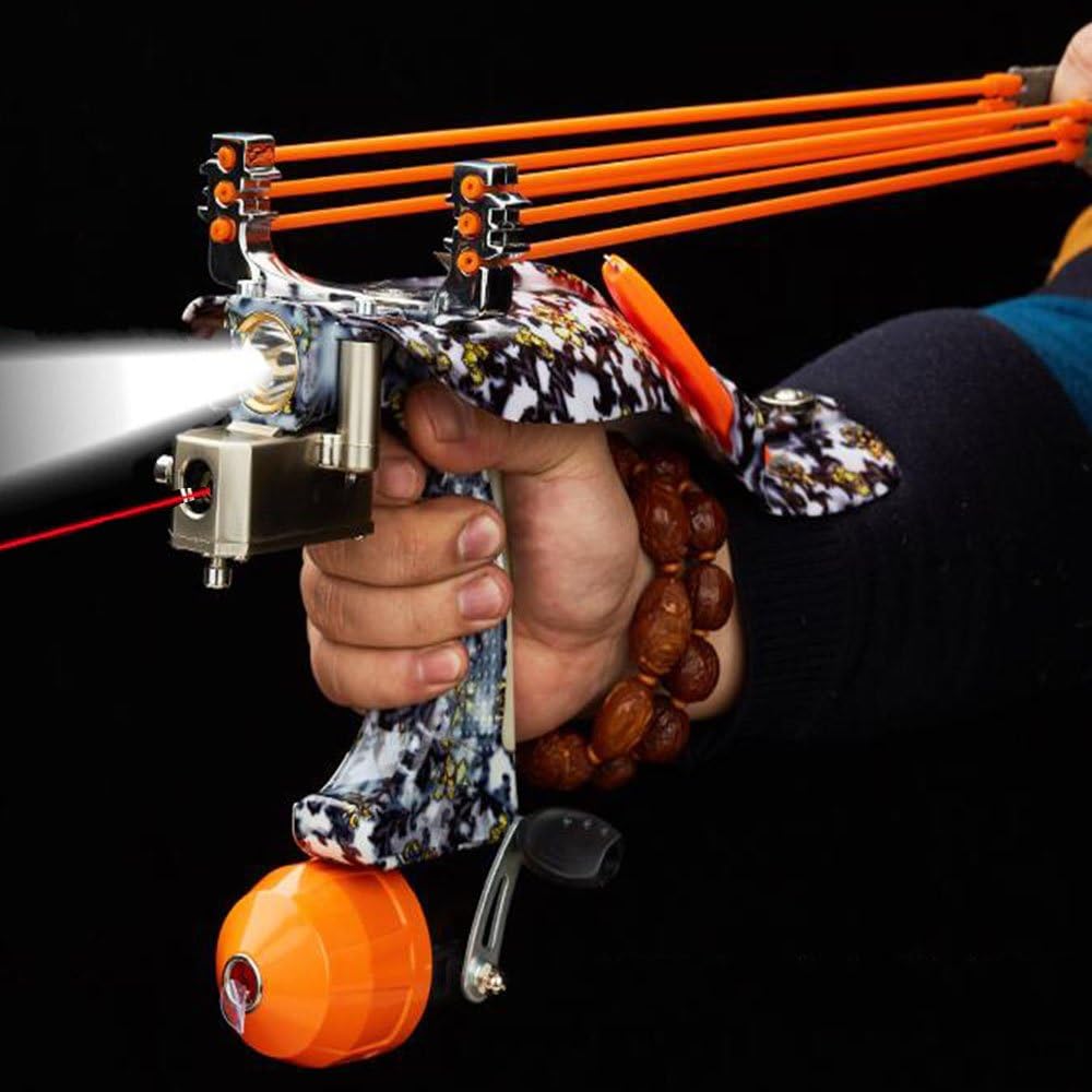 HBG Archery Hunting Slingshot Outdoor Laser Flashlight High Velocity Catapult Safety Sling Shot with 3 Rubber Bands 2 Fishing Broadheads Arrowheads 1 Fishing Reel Rack