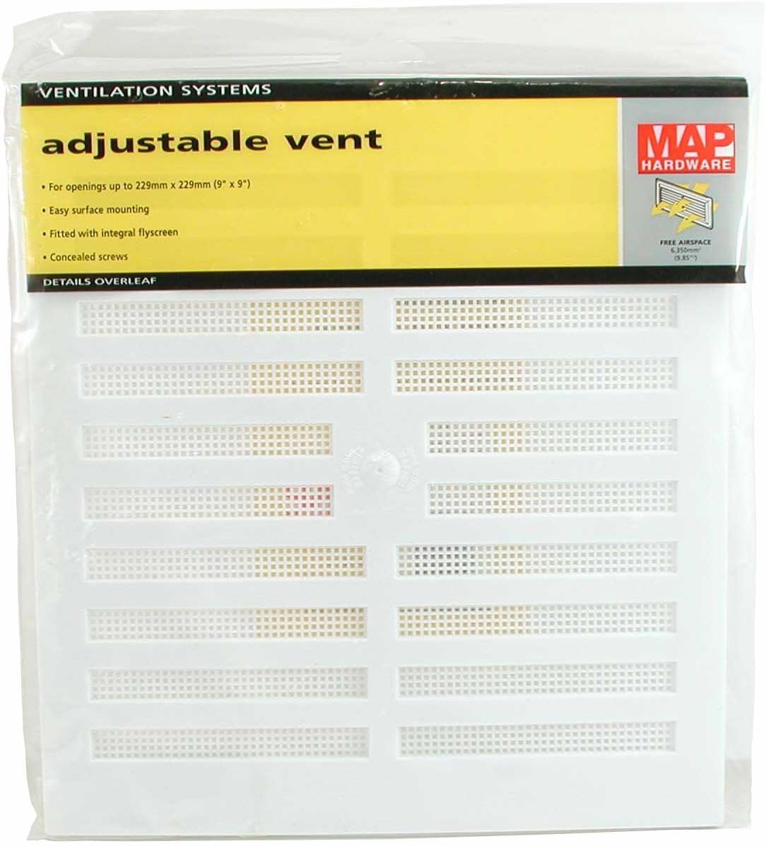 Map Adjustable Air Vent with Flyscreen Cover, for Openings 9" x 9" (229mm x 229mm), Hit & Miss Triple Brick Ventilation Cover, White - Image 3