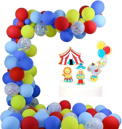 Amazon Com Circus Carnival Party Decorations Circus Balloons Garland Kit 80 Pcs Latex Balloons Confetti Balloon 16ft Garland Strip Set With Circus Cake Toppers For Carnival Party Supplies Baby Shower Kids Birthday Party