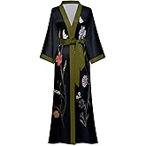 Horezsie Women's Long Silk Robes Long Satin Robes Long Kimono Robes Floral Silky Bathrobes Dressing Gown, One Size