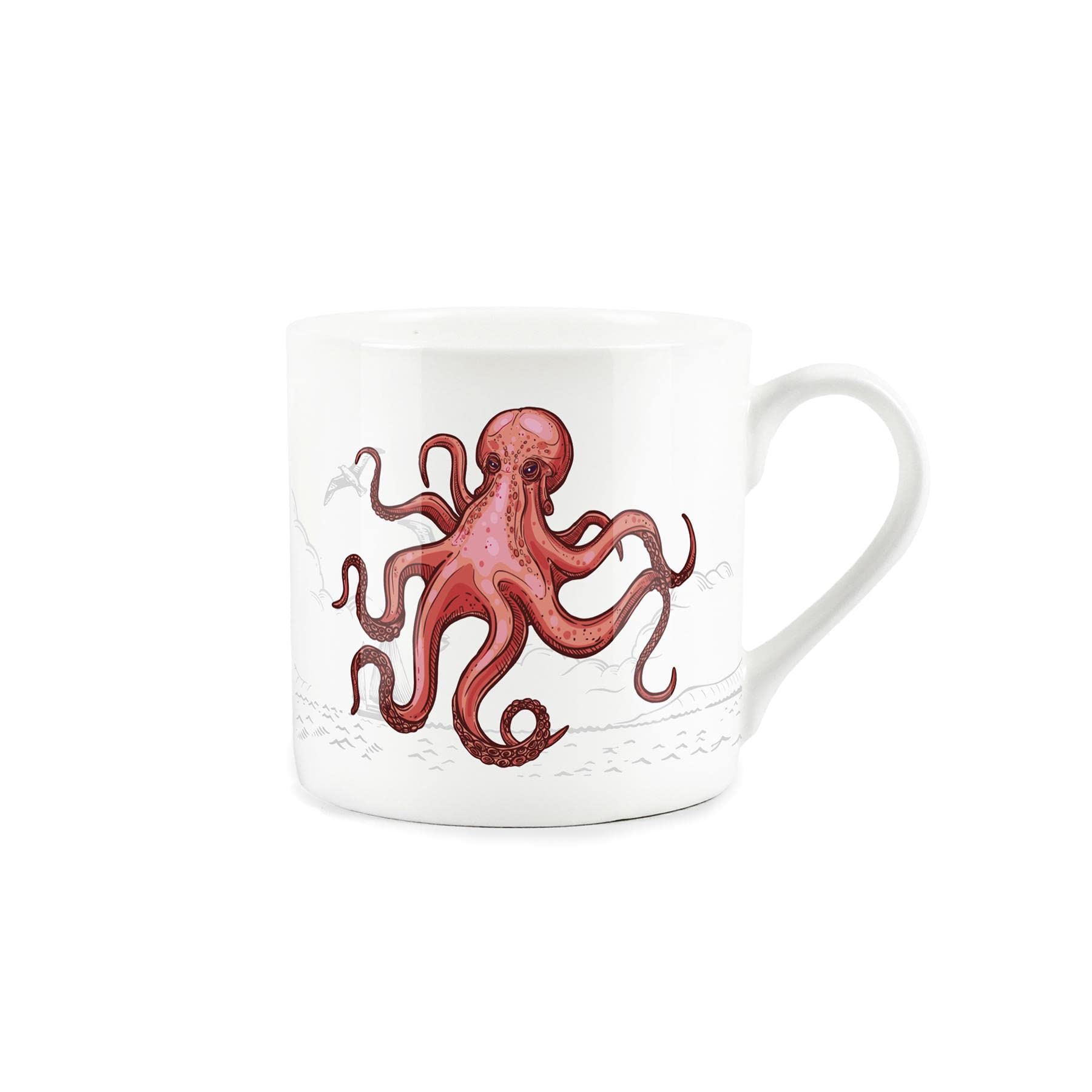 Purely Home Coastal Animals Octopus Seaside Themed Mug - Fine Bone China White Coffee/Tea Present Gift