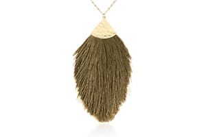 RIAH FASHION Antique Bohemian Silky Thread Fan Tassel Statement Necklace - Vintage Gold Feather Shape Strand Fringe Lightweight Long Chain