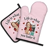 DYJYBMY Life is What You Bake It Funny Oven Mitts and Pot Holder Set for Baking Cooking, Bake Lover Gifts, Vintage Lady Kitchen Gadgets for Women, Hostess Baking Gifts for Mom Sister BFF Chef Friend
