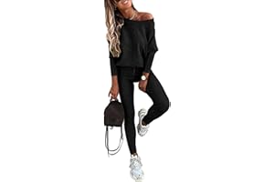 CHICME 2 Piece Lounge Outfit 2025 Long Sleeve Knit Pullover Tops Drawstring Pants Set Tracksuit Sweatsuit